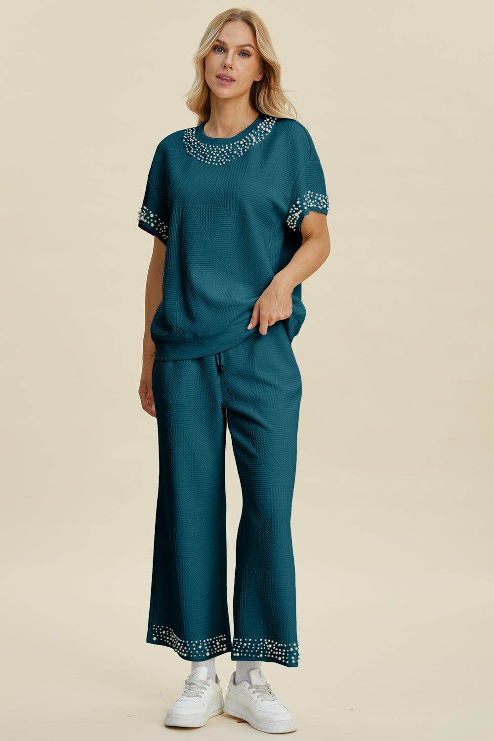 Double Take Full Size Pearl Detail Round Neck Top Pants Set