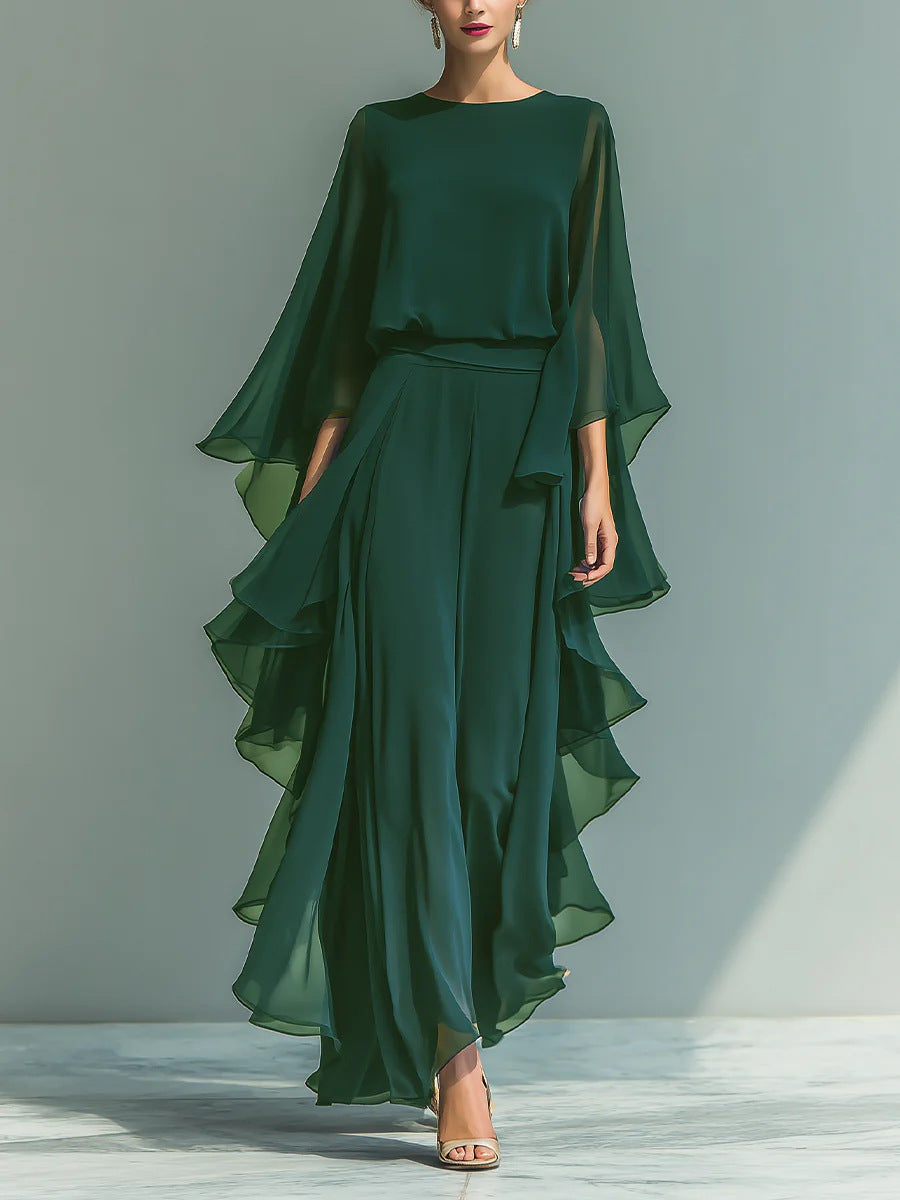 Hosenanzug mit Rüschenkante und weitem Bein – Elegantes zweiteiliges Outfit für Damen mit langen Ärmeln