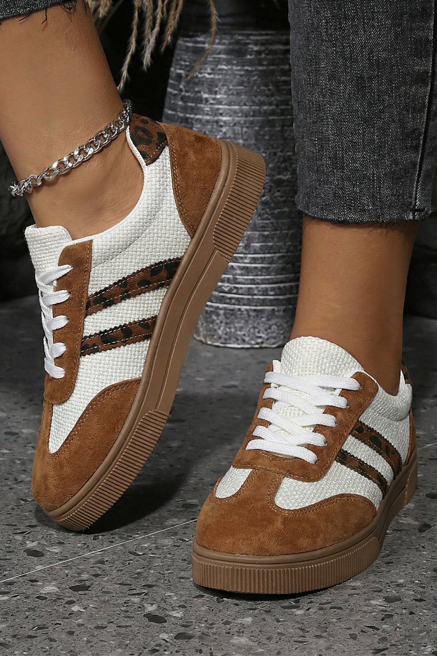 Coffee Textured Woven PU Leather Leopard Patchwork Flat Sneakers
