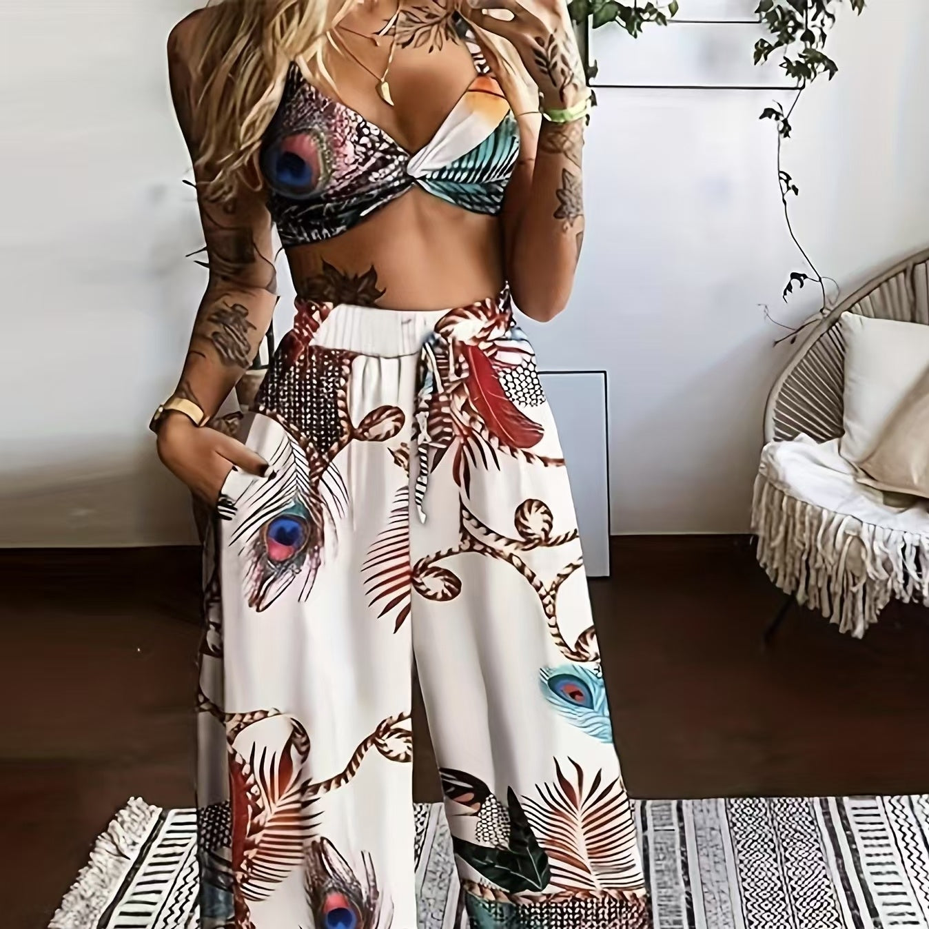 Damen Federdruck Crop Top & Hose Set – 2-teiliges Urlaubsoutfit
