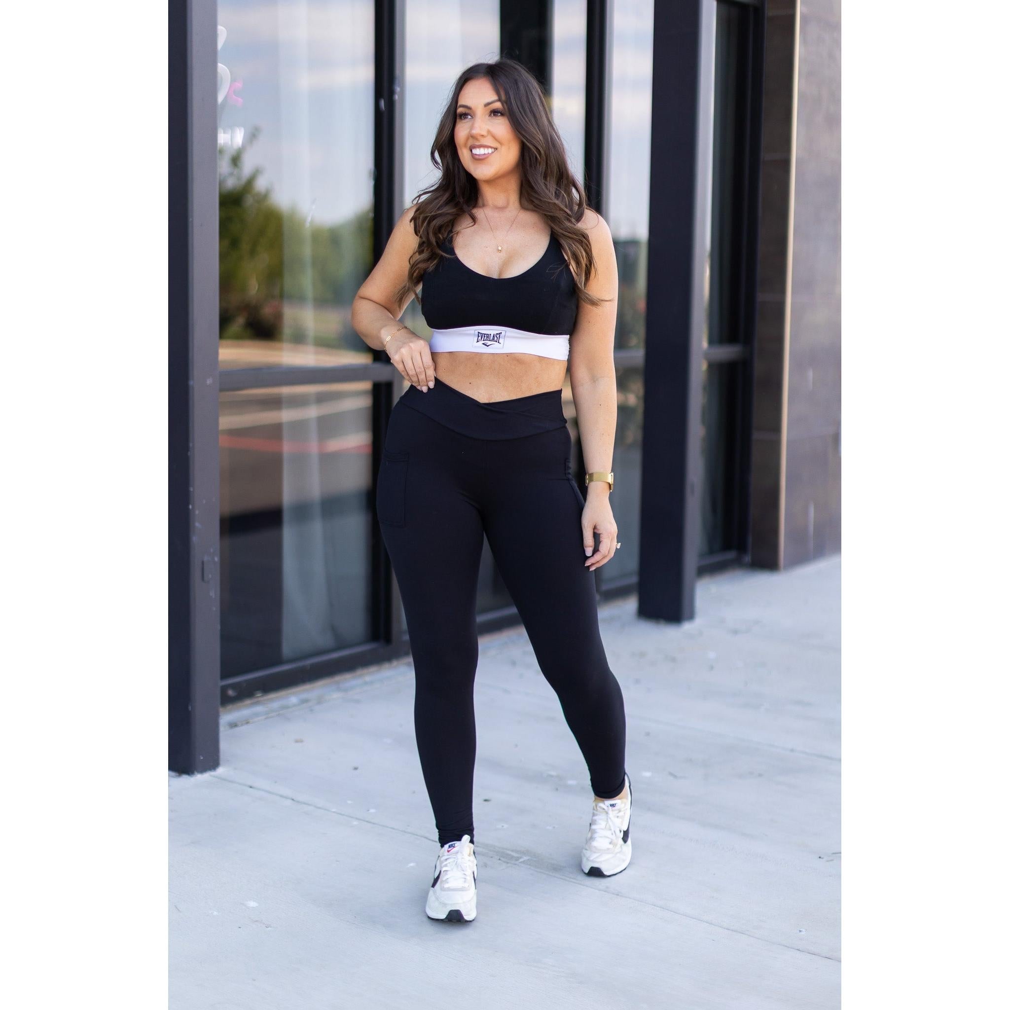 Stephanie - Crossover Black Pocket Full Length Leggings