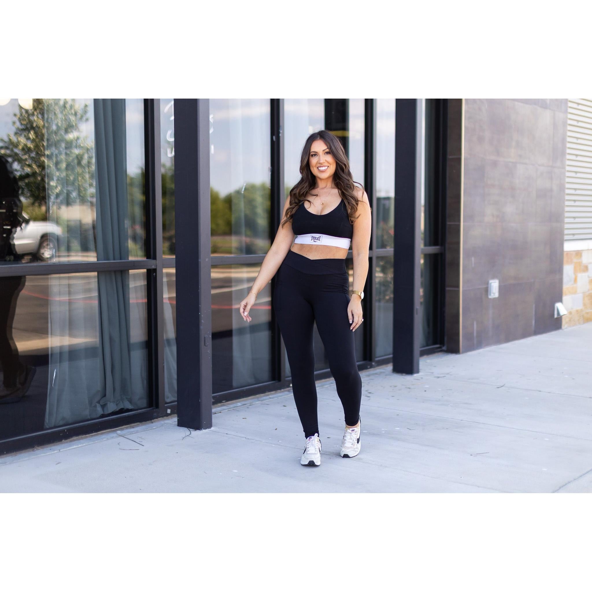 Stephanie - Crossover Black Pocket Full Length Leggings