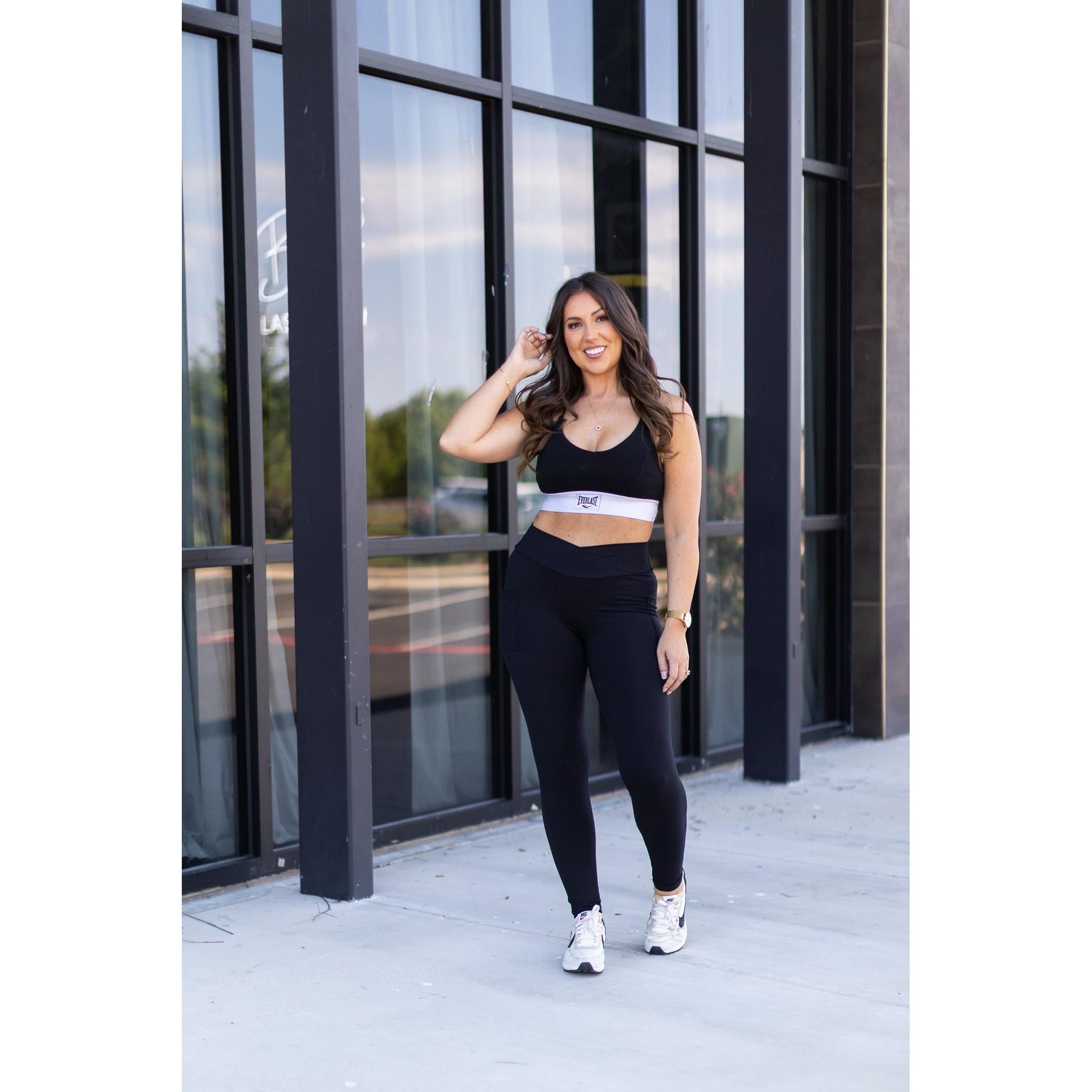 Stephanie - Crossover Black Pocket Full Length Leggings