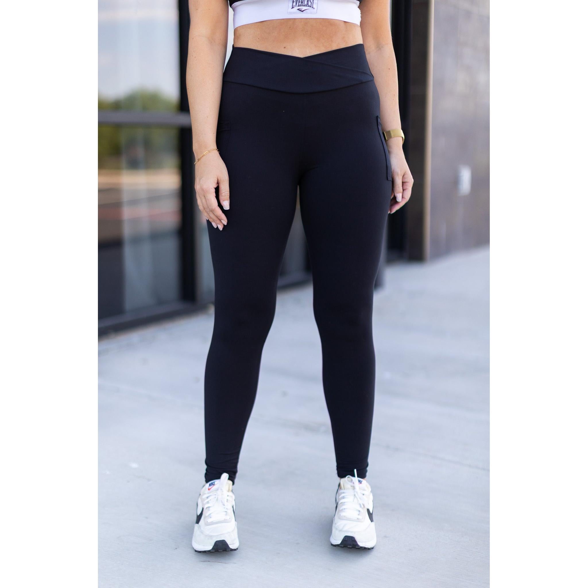 Stephanie - Crossover Black Pocket Full Length Leggings