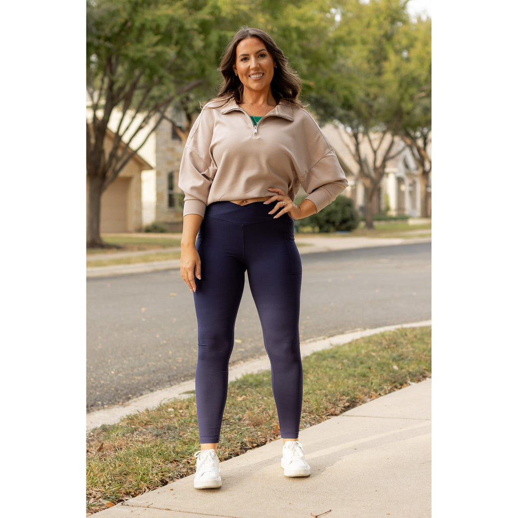 Nadia - Navy Crossover Full Length Leggings with Pockets