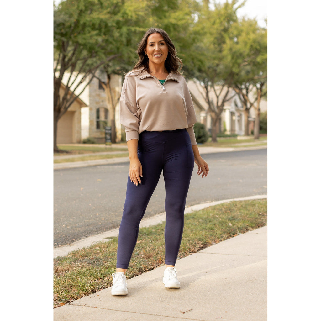 Nadia - Navy Crossover Full Length Leggings with Pockets