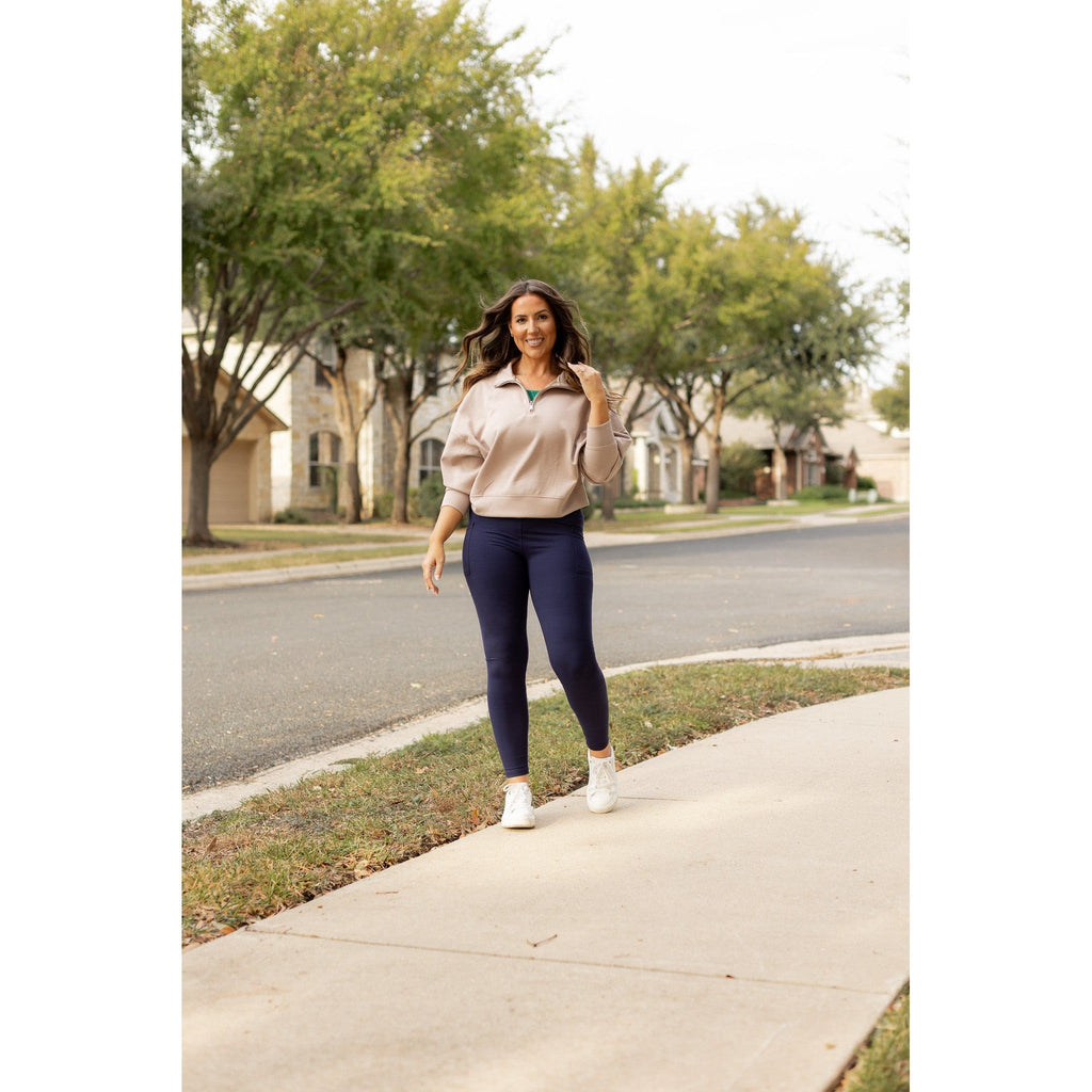 Nadia - Navy Crossover Full Length Leggings with Pockets
