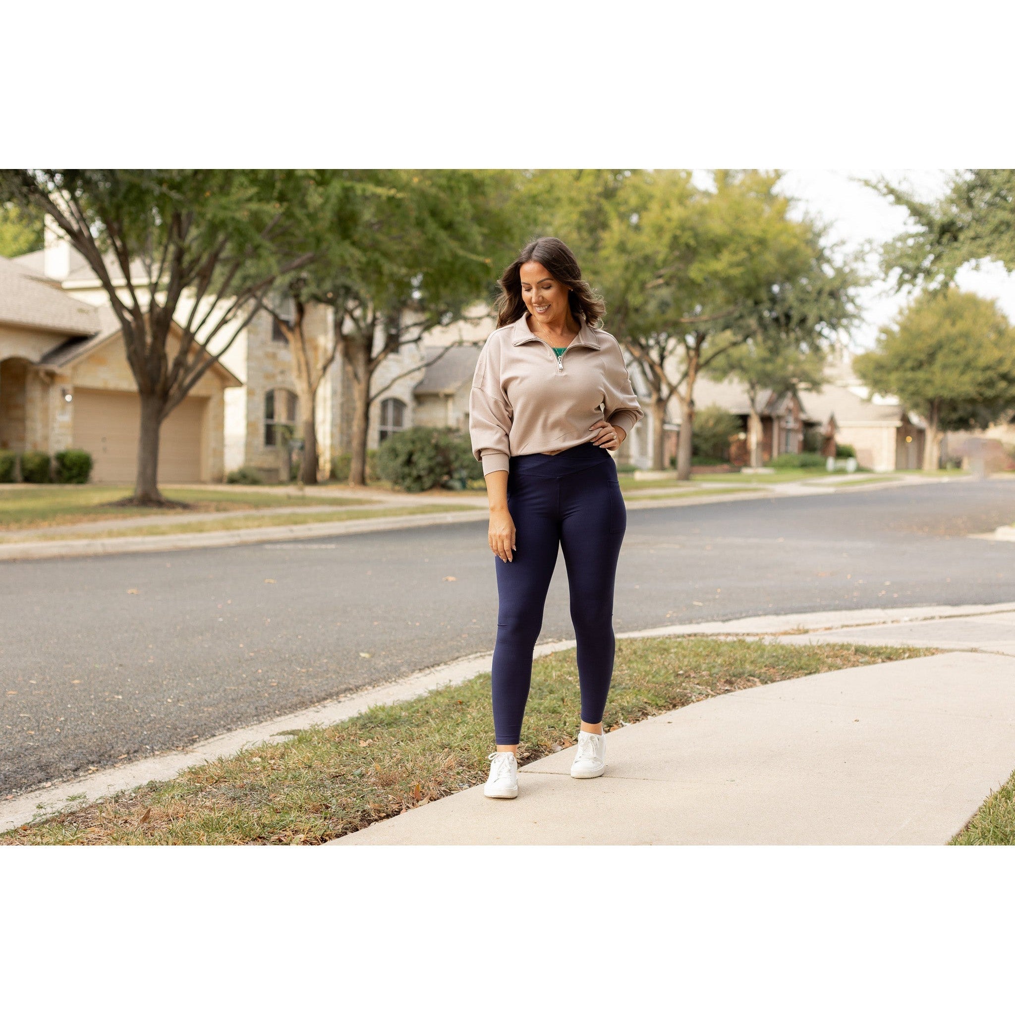 Nadia - Navy Crossover Full Length Leggings with Pockets