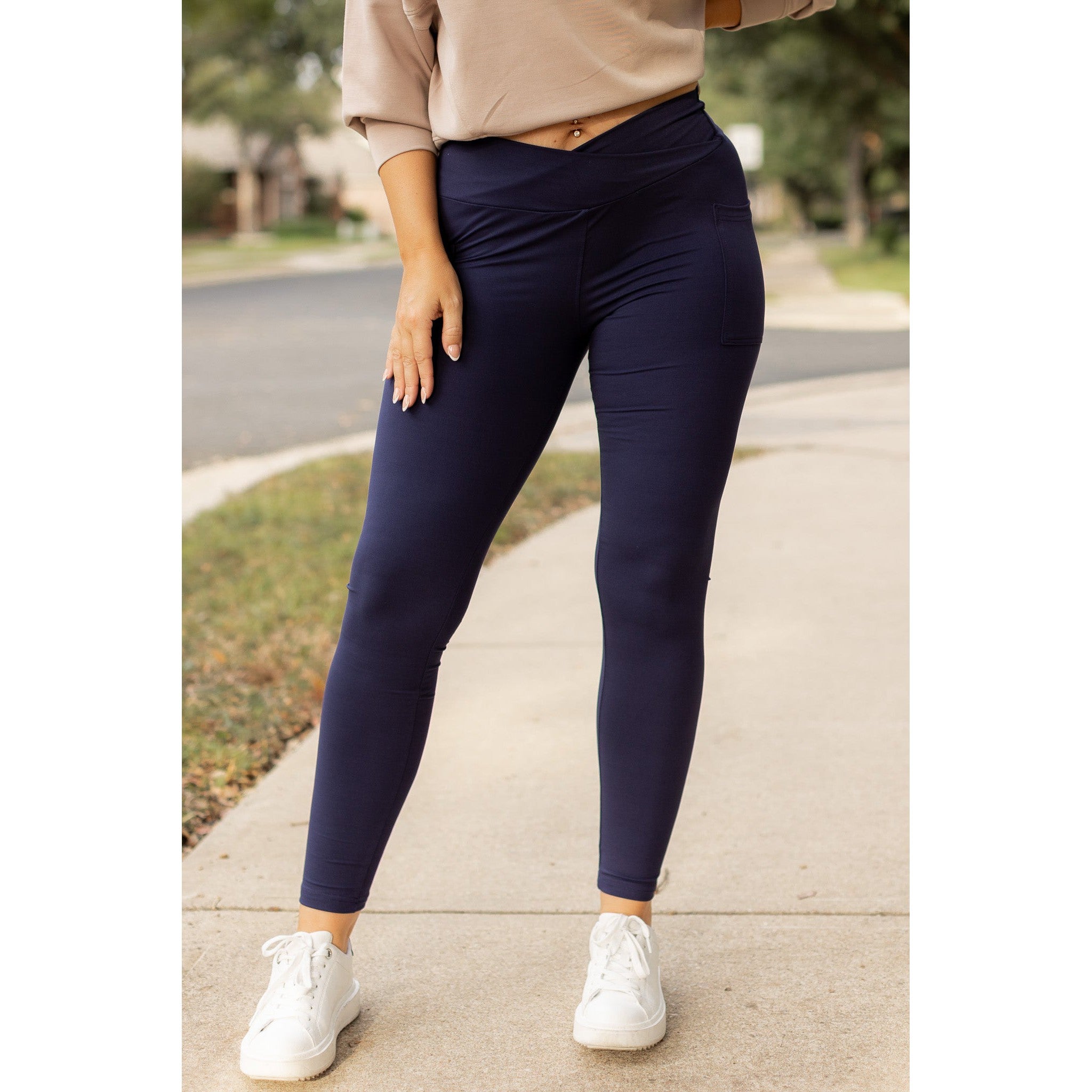 Nadia - Navy Crossover Full Length Leggings with Pockets