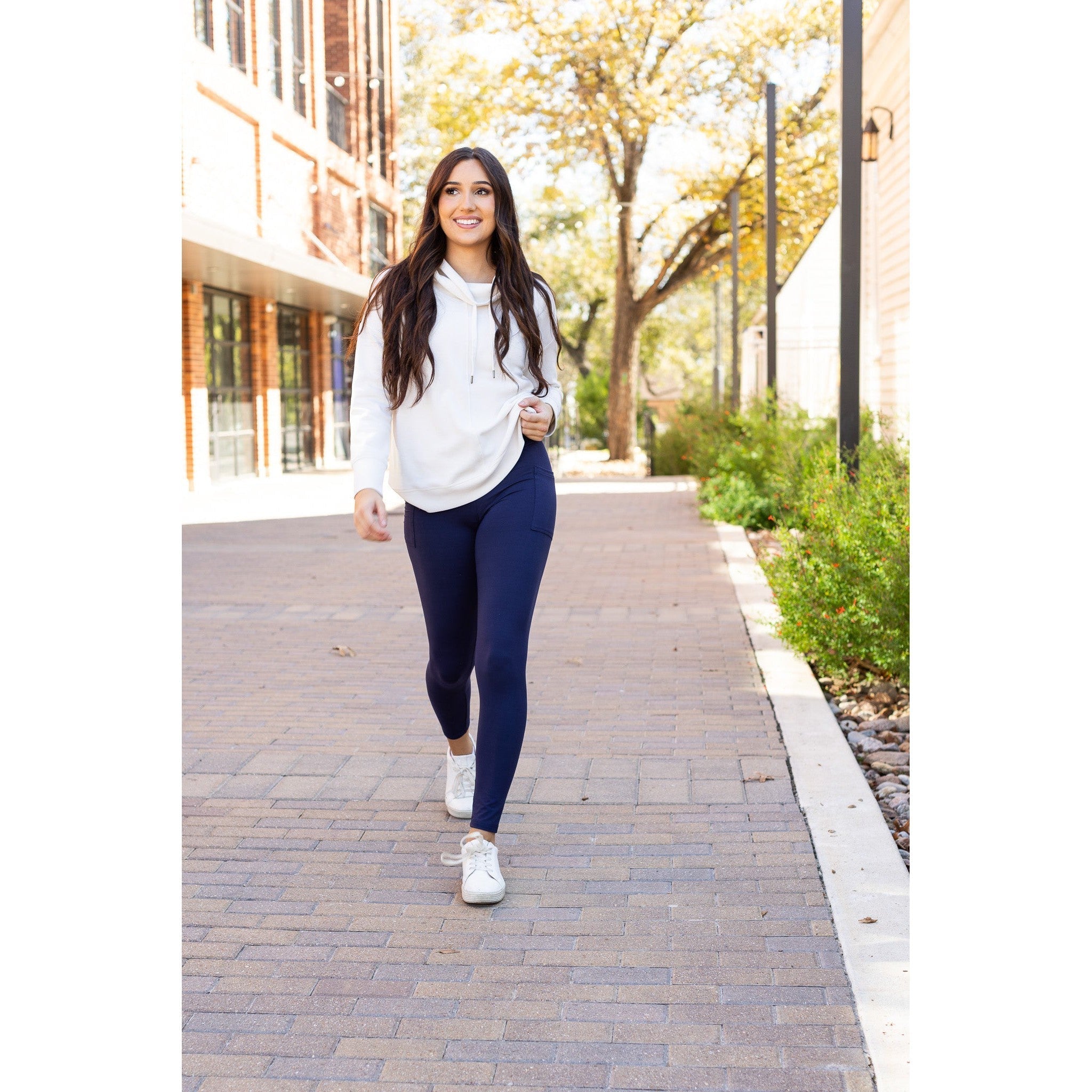 Nadia - Navy Crossover Full Length Leggings with Pockets
