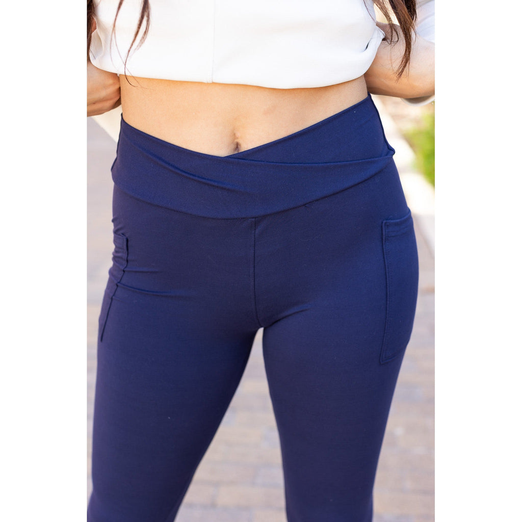 Nadia - Navy Crossover Full Length Leggings with Pockets