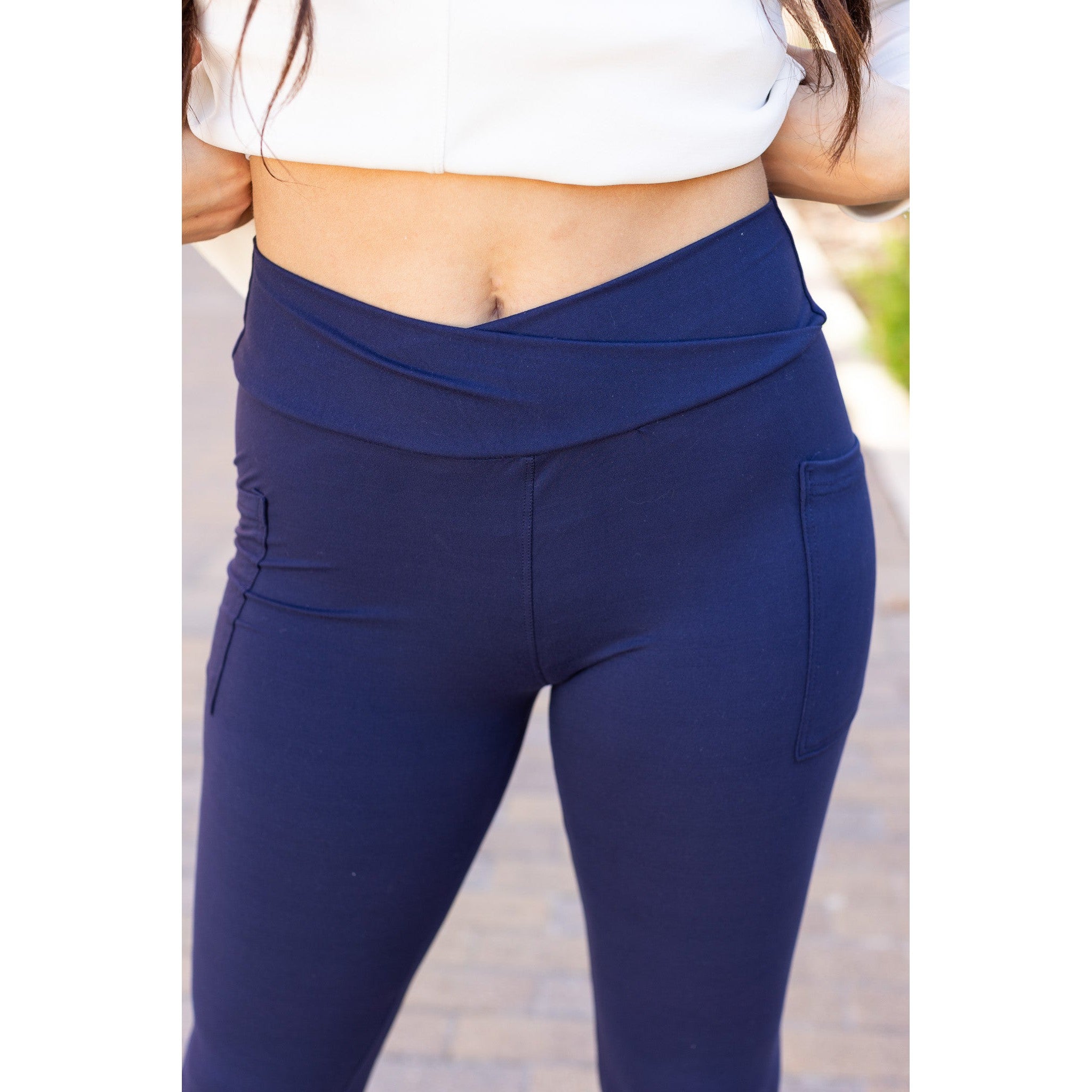 Nadia - Navy Crossover Full Length Leggings with Pockets