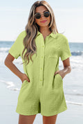 Textured Short Sleeve Patch Pocket Buttoned Romper