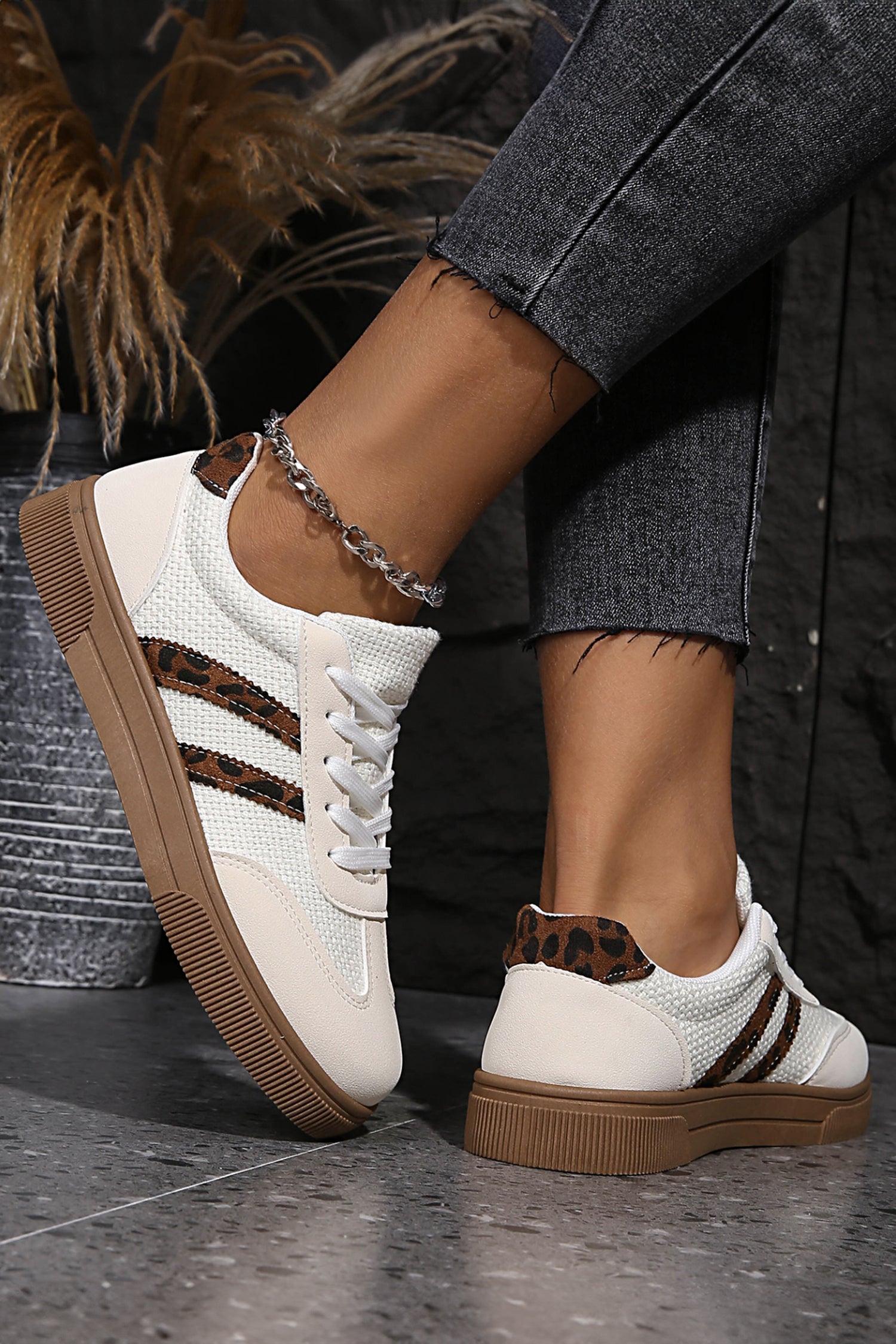 Coffee Textured Woven PU Leather Leopard Patchwork Flat Sneakers