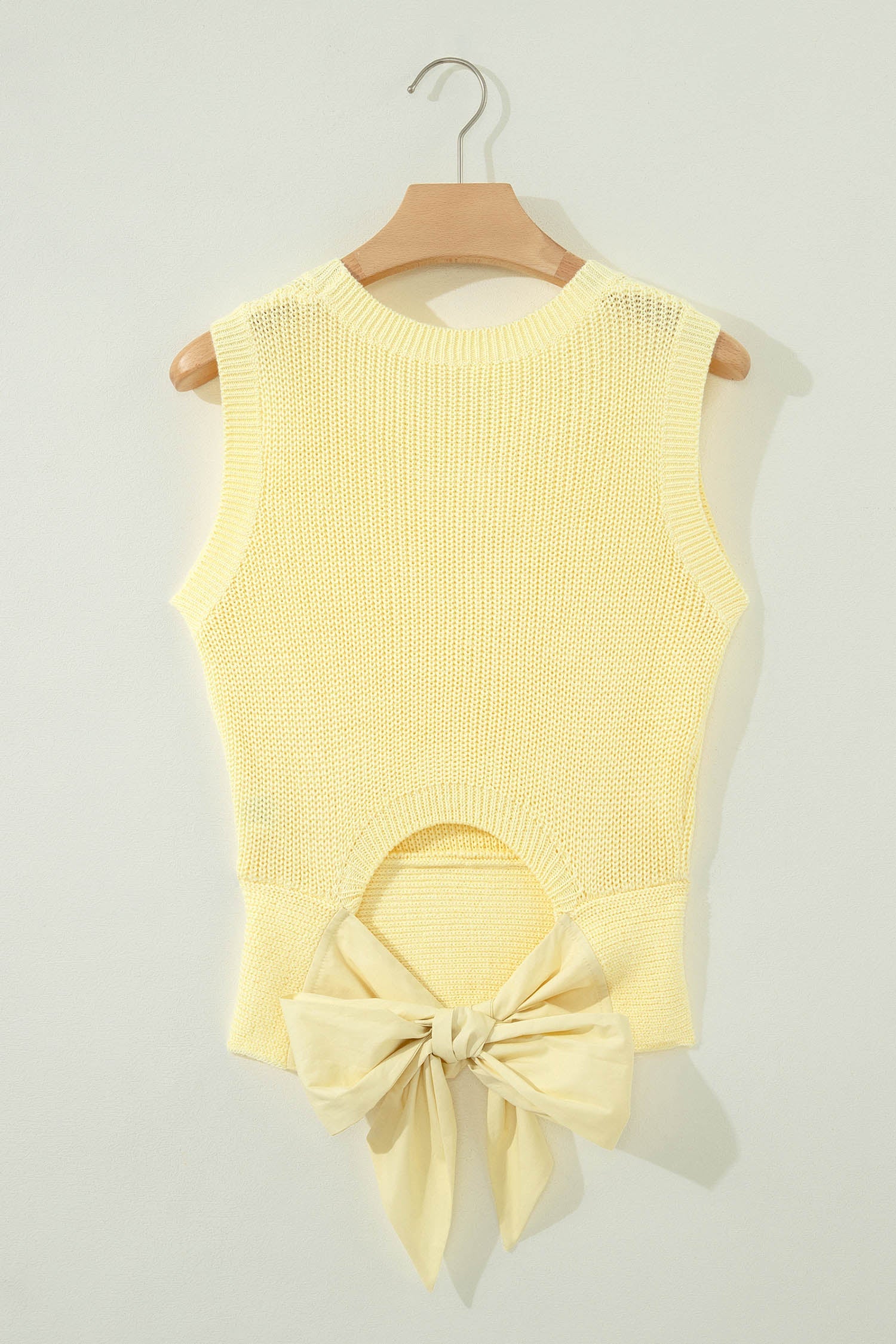 Yellow Cream Solid Color Cropped Knit Knot Back Cutout Sweater Tank