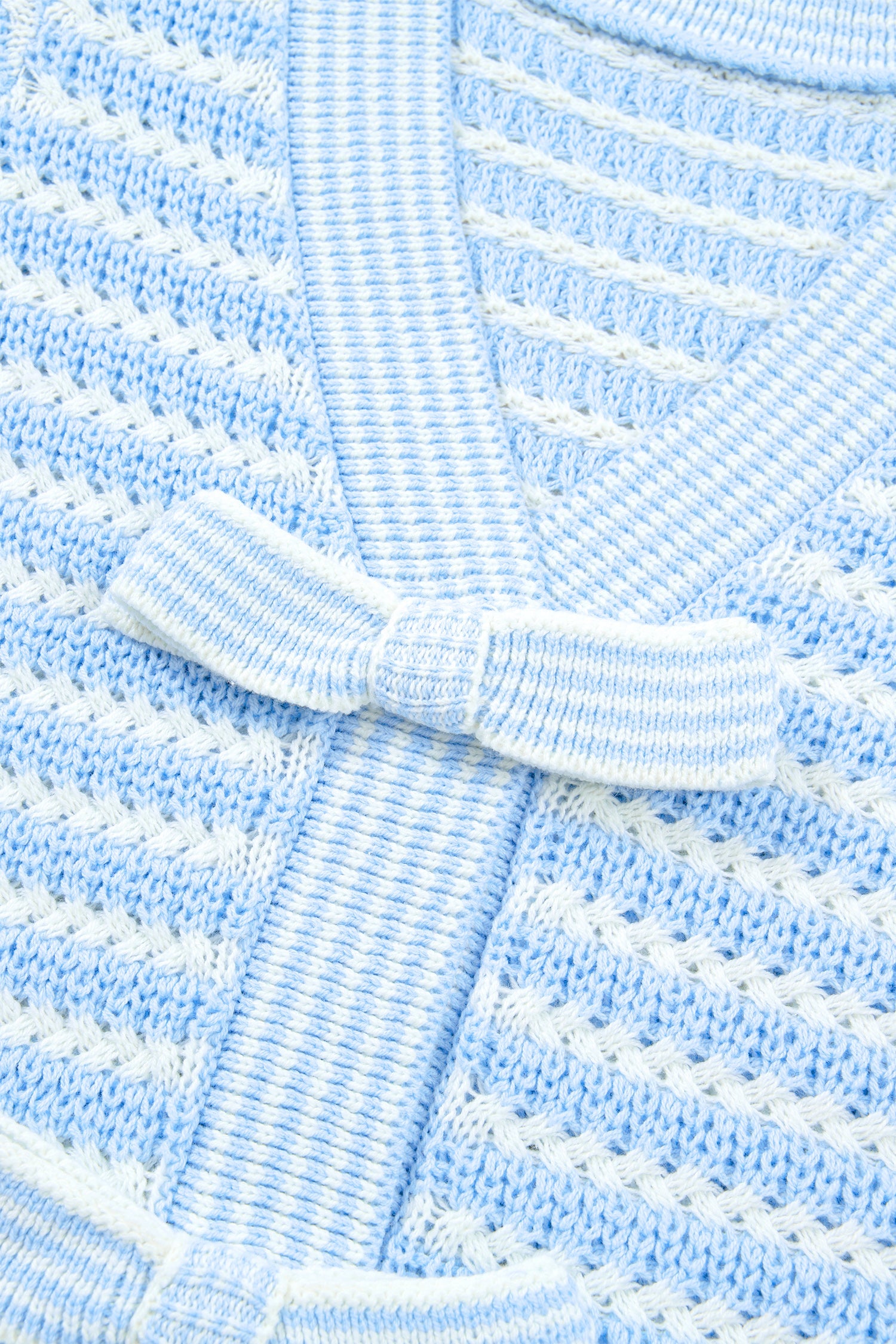 Sky Blue Stripe Short Sleeve Knit V Neck Bow Knot Sweater