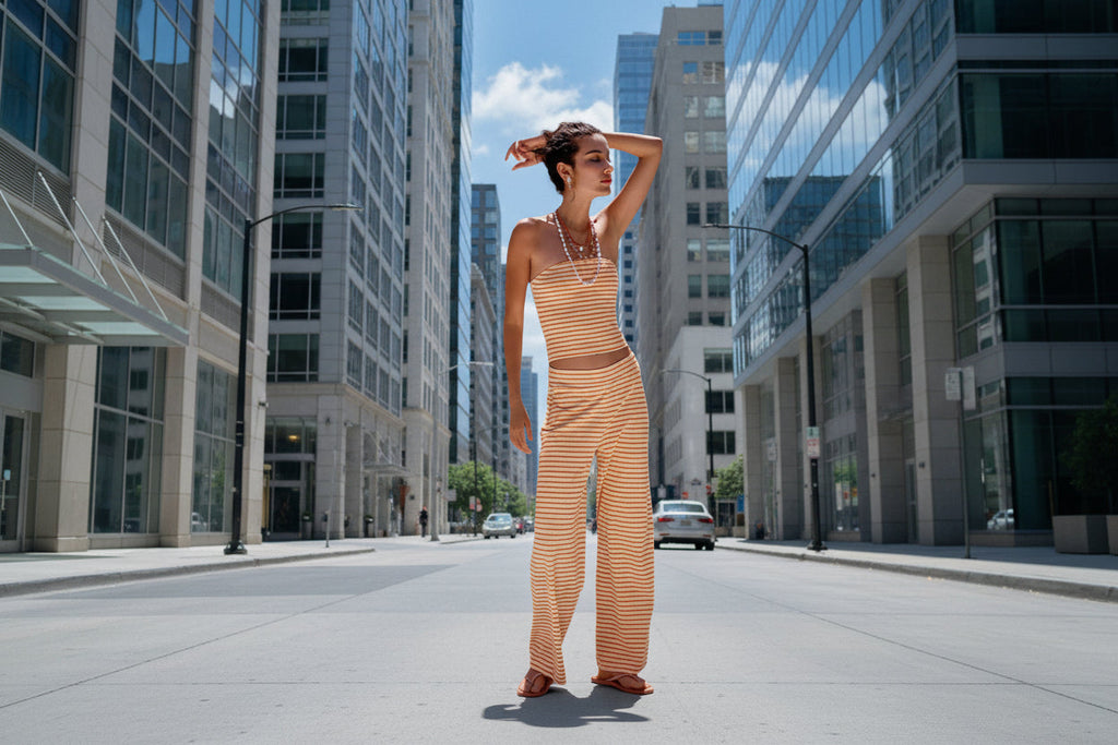Woman in a striped outfit standing on a city street with tall buildings in the background