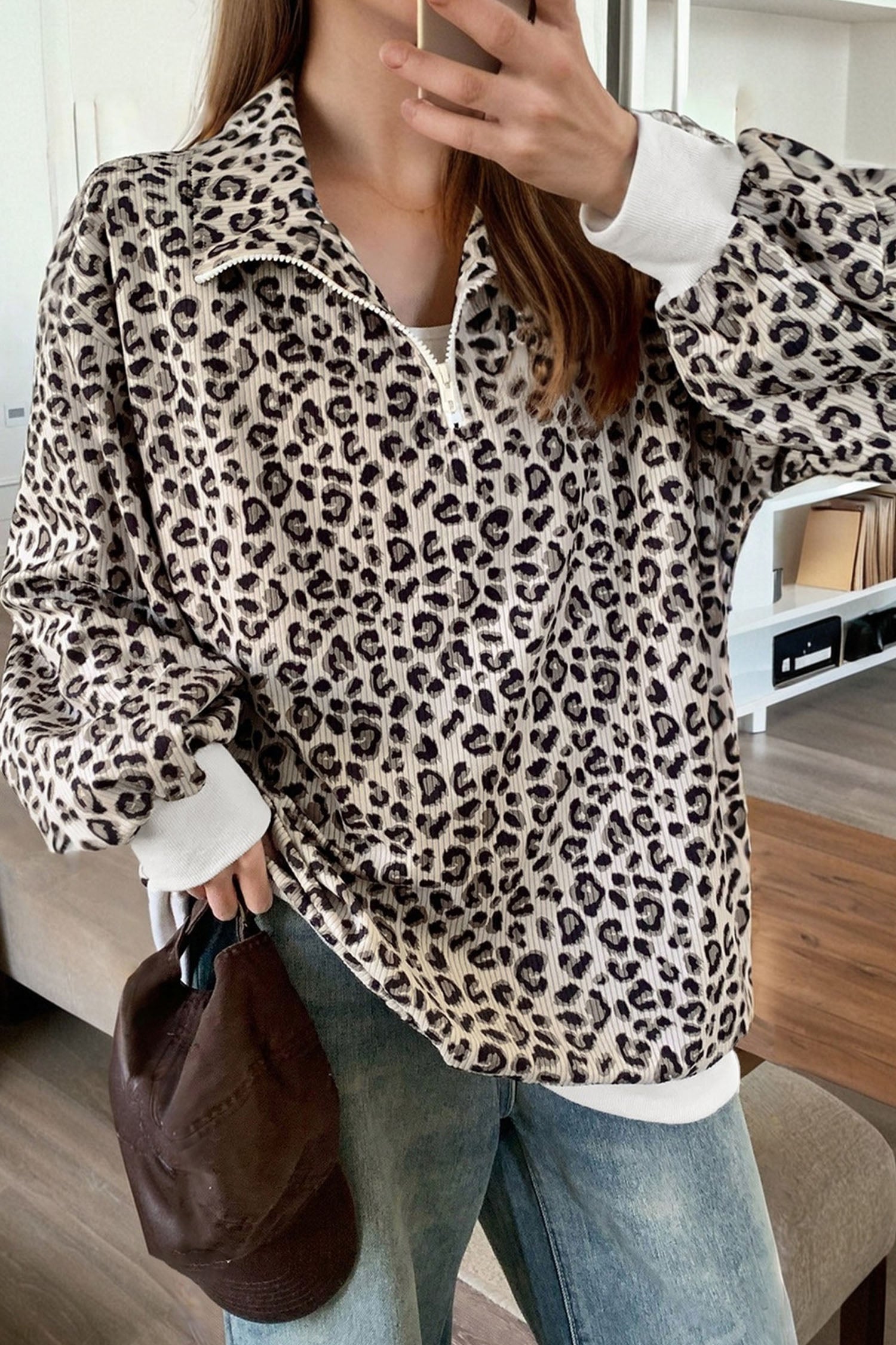 Leopard Corduroy Quarter-Zip Sweatshirt