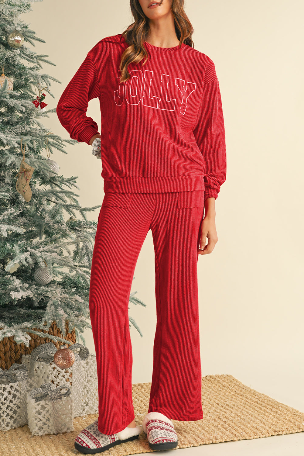 Red Crinkle Rib JOLLY Pattern Long Sleeve Top and Pockets Pants Set