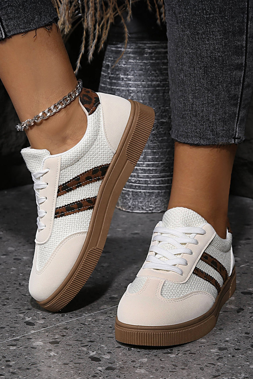 Coffee Textured Woven PU Leather Leopard Patchwork Flat Sneakers