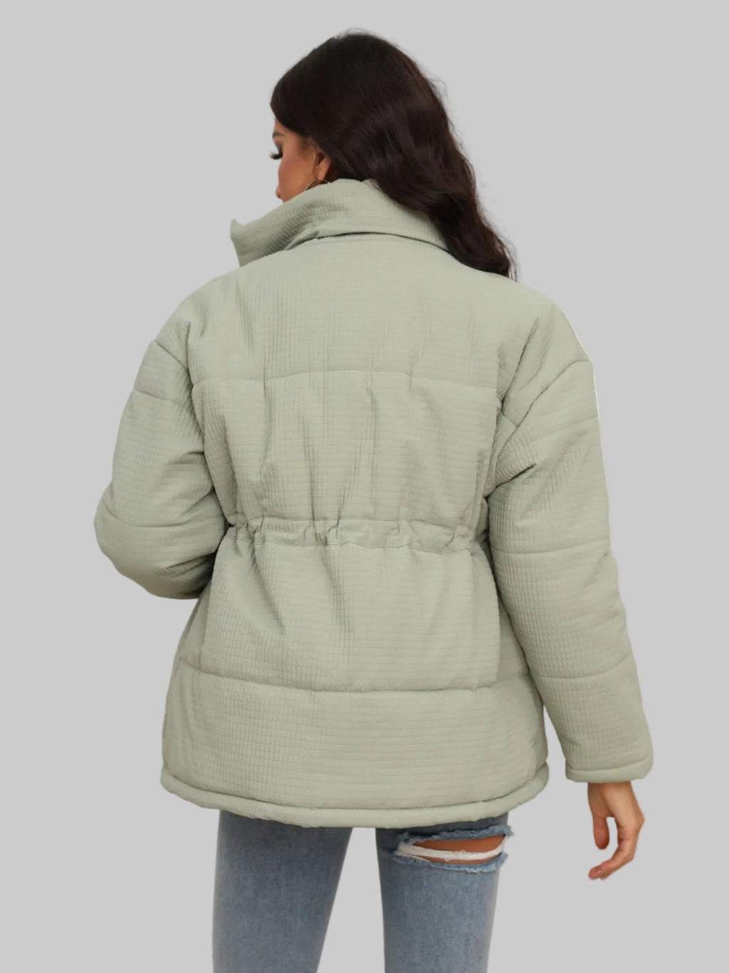 Women Drawstring Waist Zip-Up Puffer Jacket