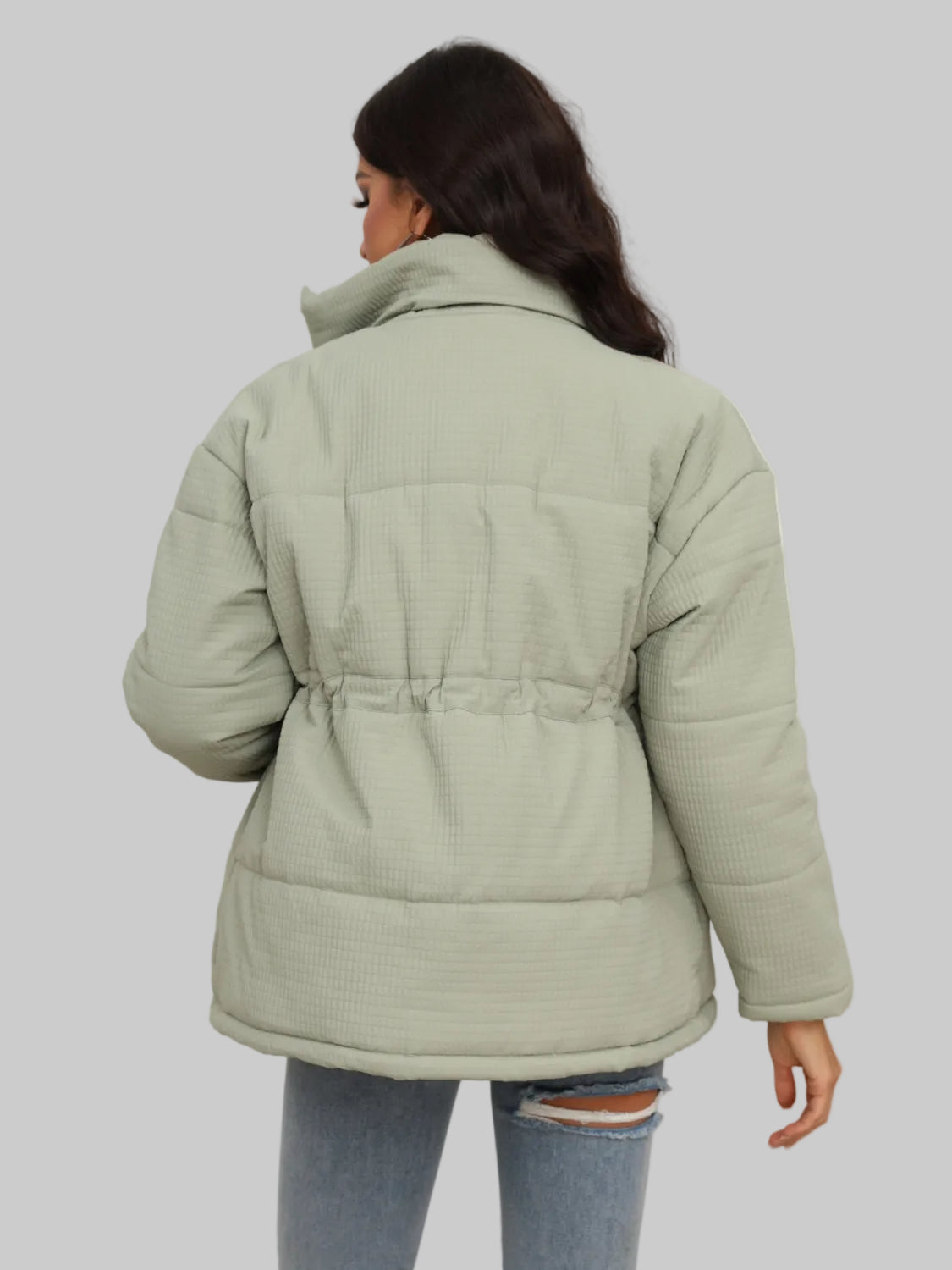 Women Drawstring Waist Zip-Up Puffer Jacket