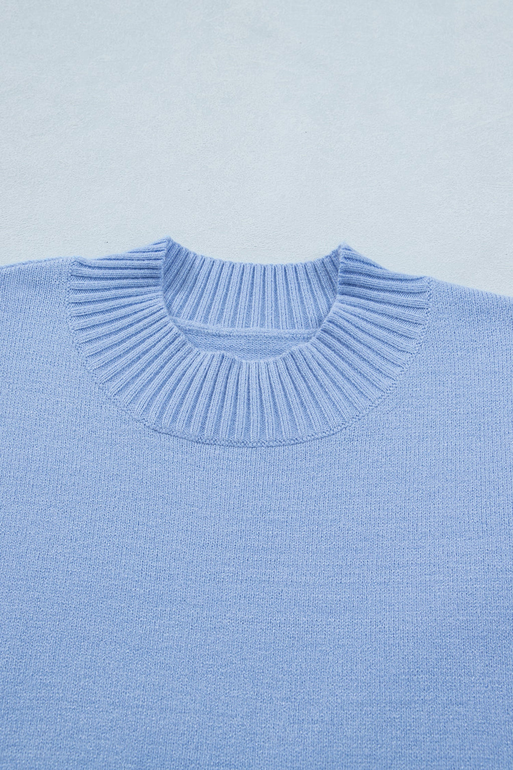 Beau Blue Solid Color Ribbed Trim Round Neck Ruffle Short Sleeve Sweater