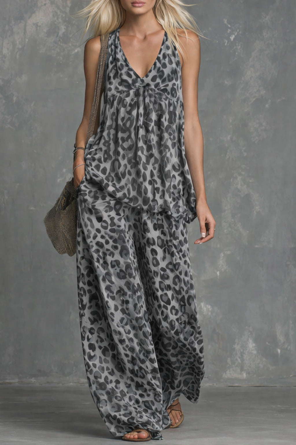 Damen-Set aus ärmellosem Oberteil mit Leopardenmuster und Chiffonhose