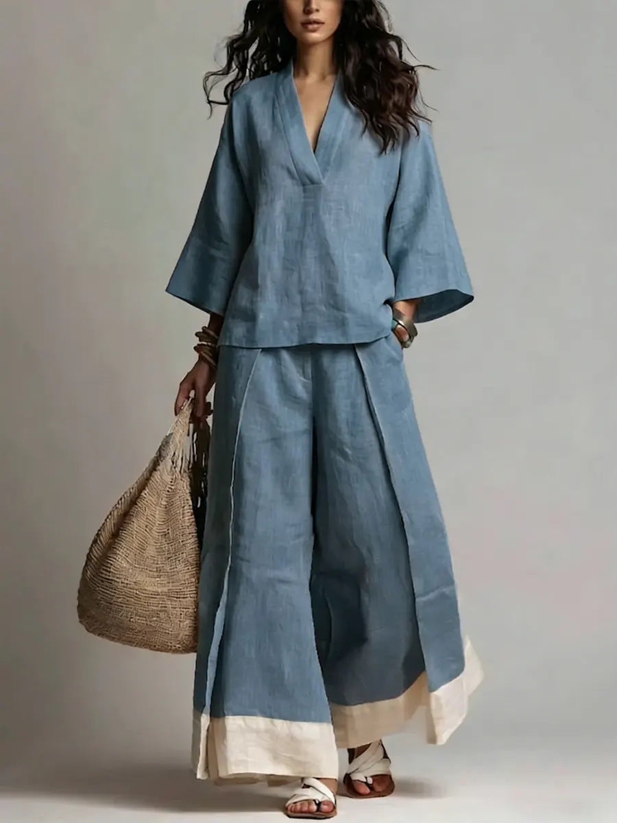 Damen-Set aus Baumwoll-Leinen-Shirt mit V-Ausschnitt und 3/4-Ärmeln und Hose mit weitem Bein