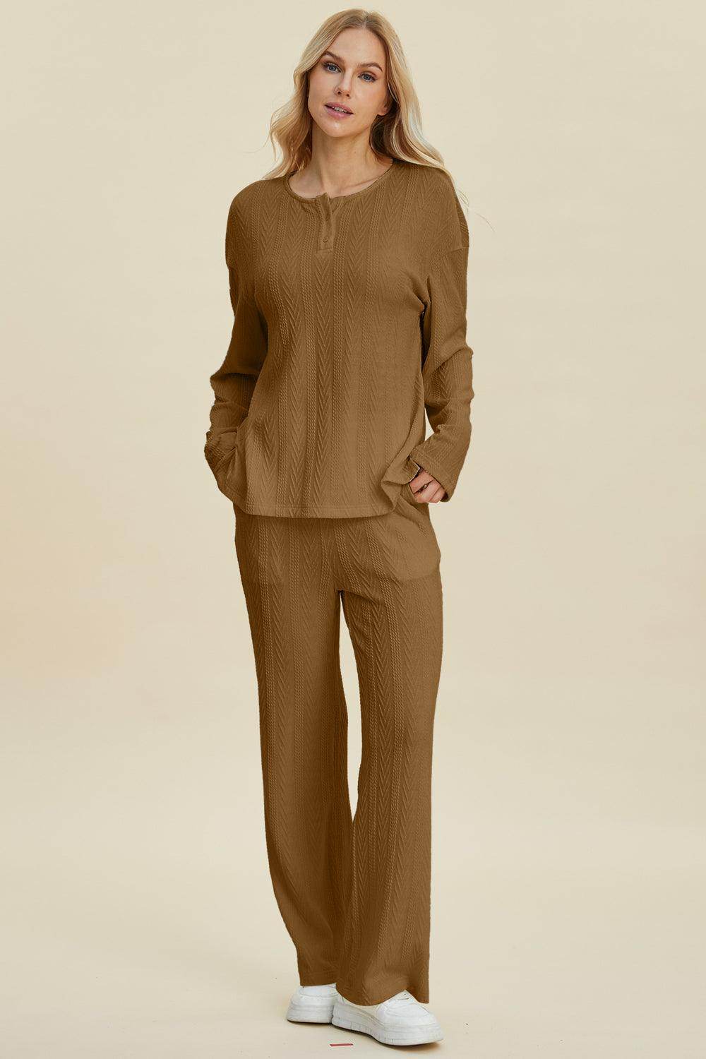 Double Take Full Size Cable-Knit Long Sleeve Top Pants Set