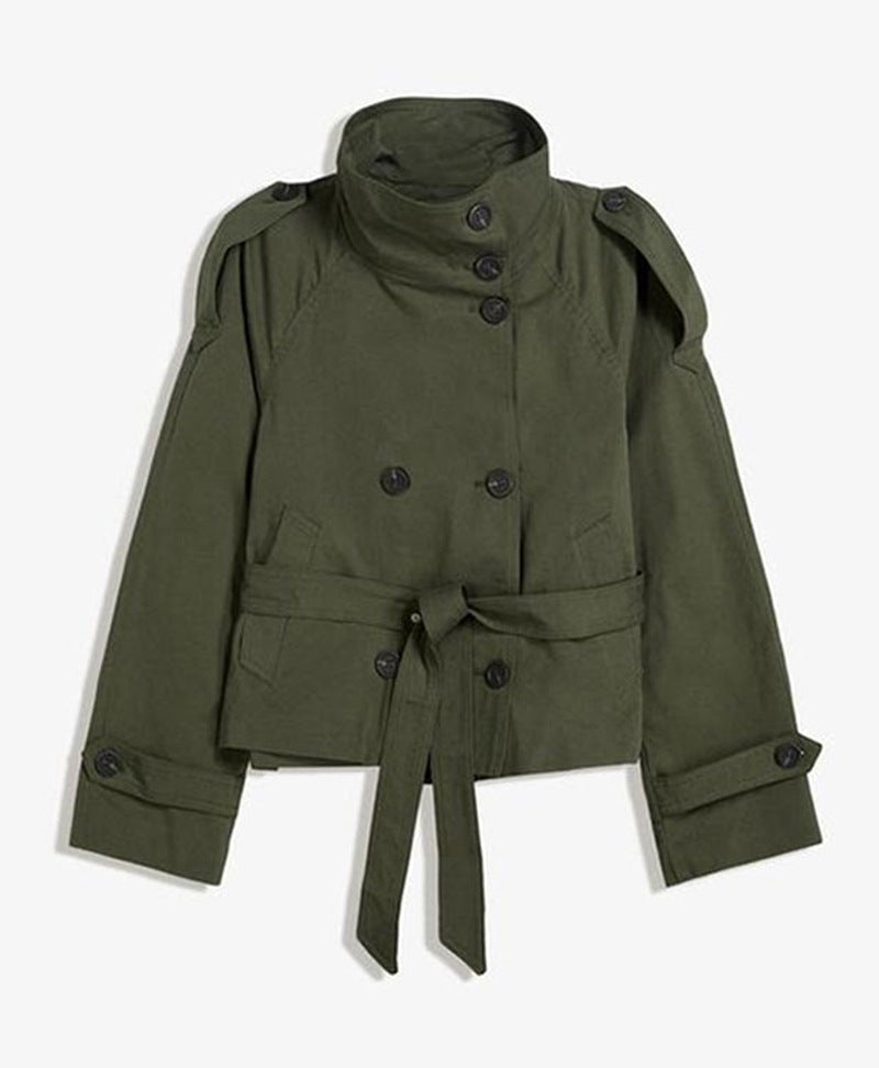 Womens Buttoned Waist-Cinching Lace-Up Trench Coat