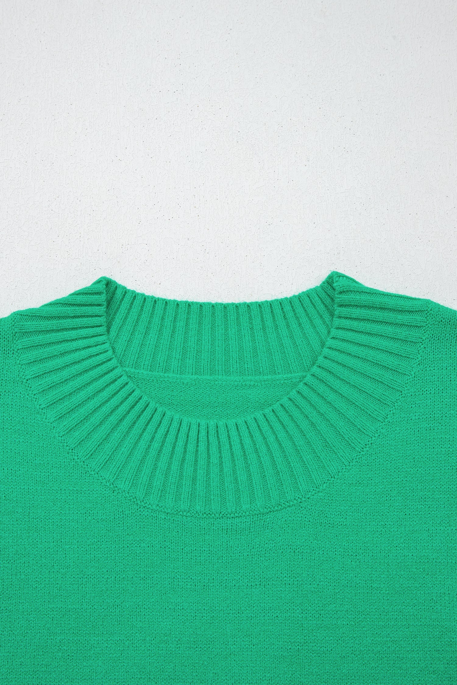 Bright Green Solid Color Ribbed Trim Round Neck Ruffle Short Sleeve Sweater