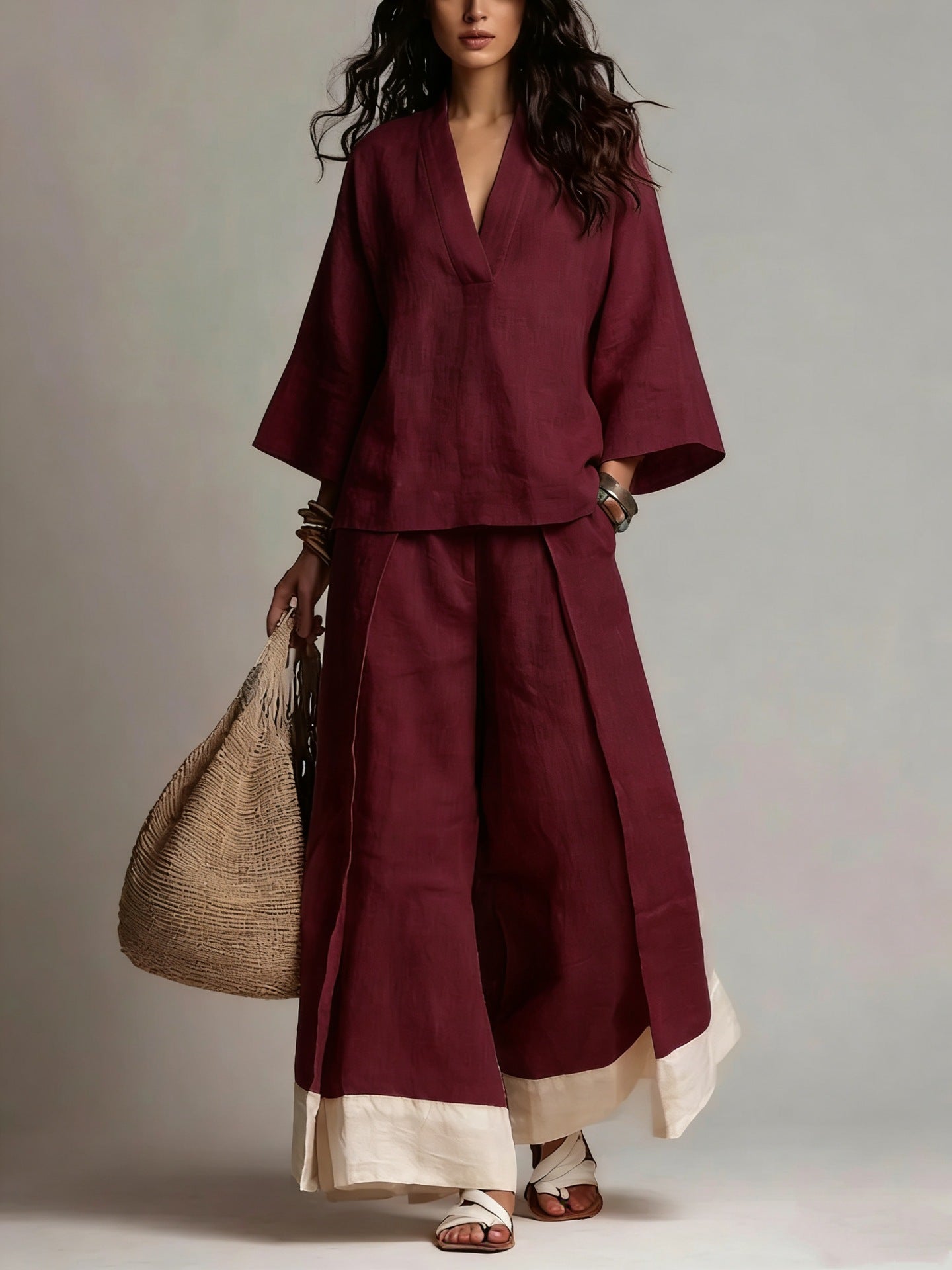 Damen-Set aus Baumwoll-Leinen-Shirt mit V-Ausschnitt und 3/4-Ärmeln und Hose mit weitem Bein