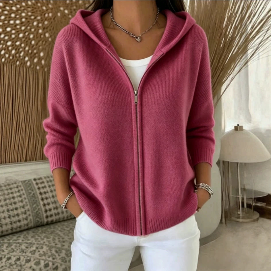 Zip-Up Knitted Hooded Cardigan Coat – Women’s Sweater in fascia pink