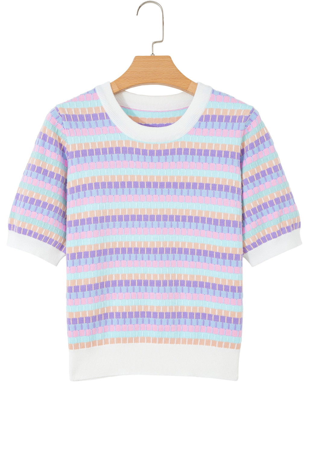Purple Abstract Striped Knit Short Sleeve Sweater