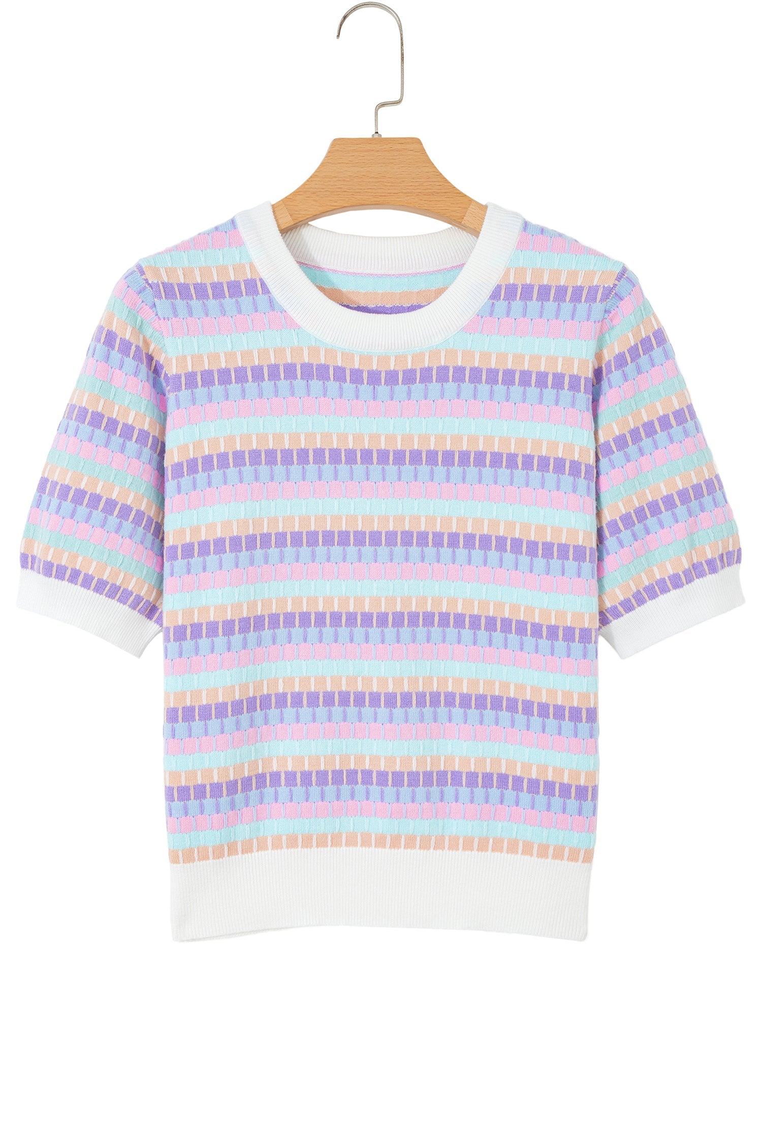 Purple Abstract Striped Knit Short Sleeve Sweater