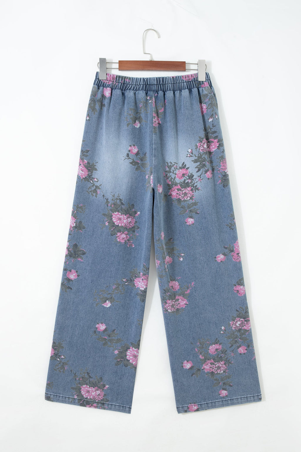 Floral Denim Elastic Waist Straight Leg Jeans