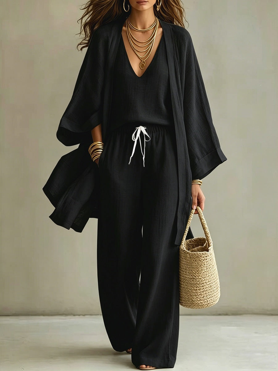 Damen 3-teiliges Set: Cardigan, ärmellose Weste & weite Hose