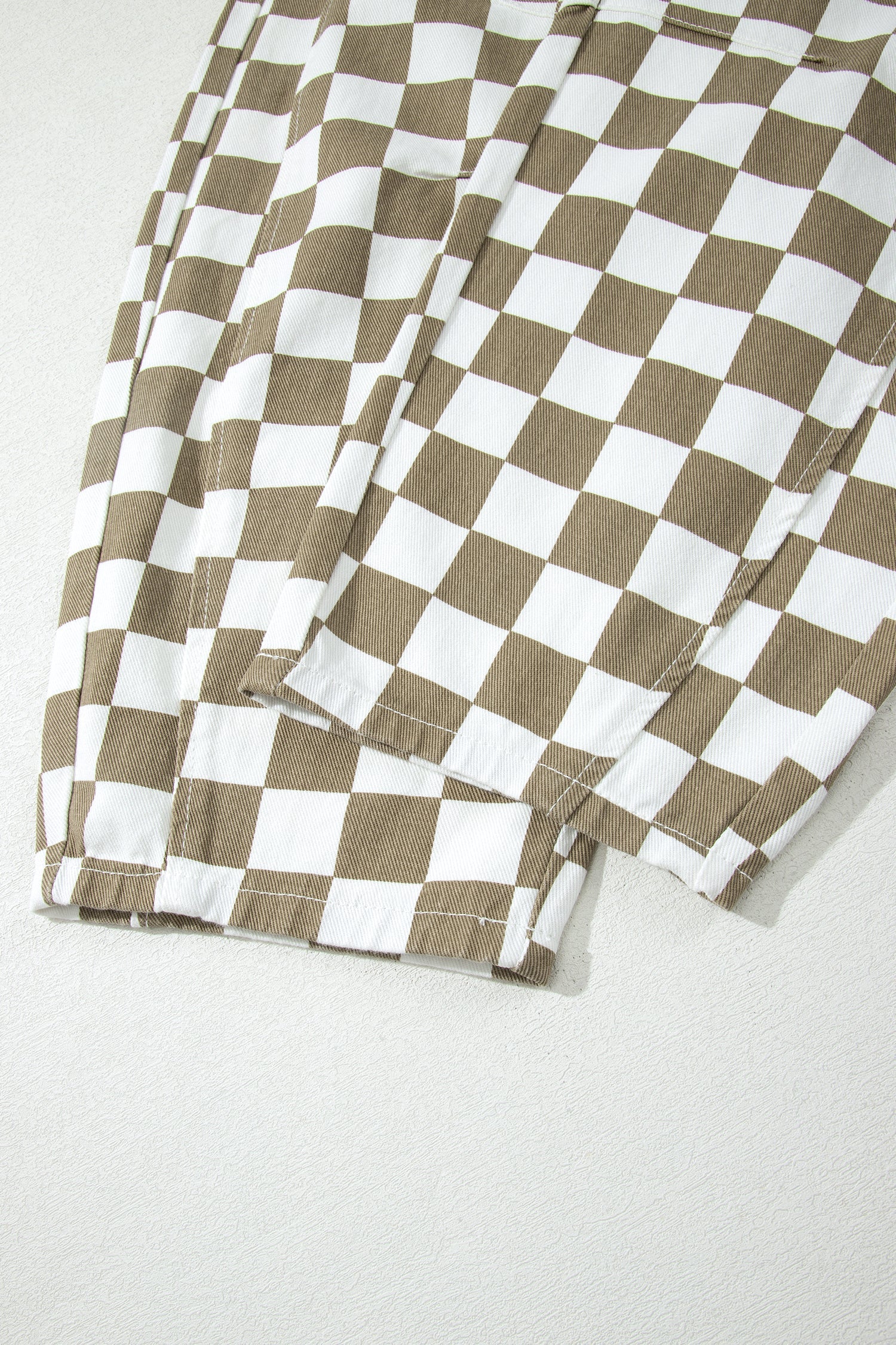 White Checkered Print Denim Barrel Pants