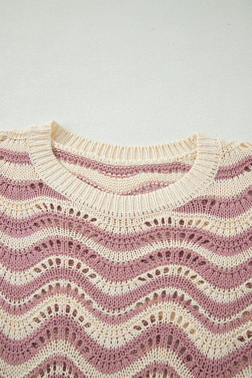 Beige Stripe Wavy Crochet Eyelet Detail Ruffle Half Sleeve Sweater