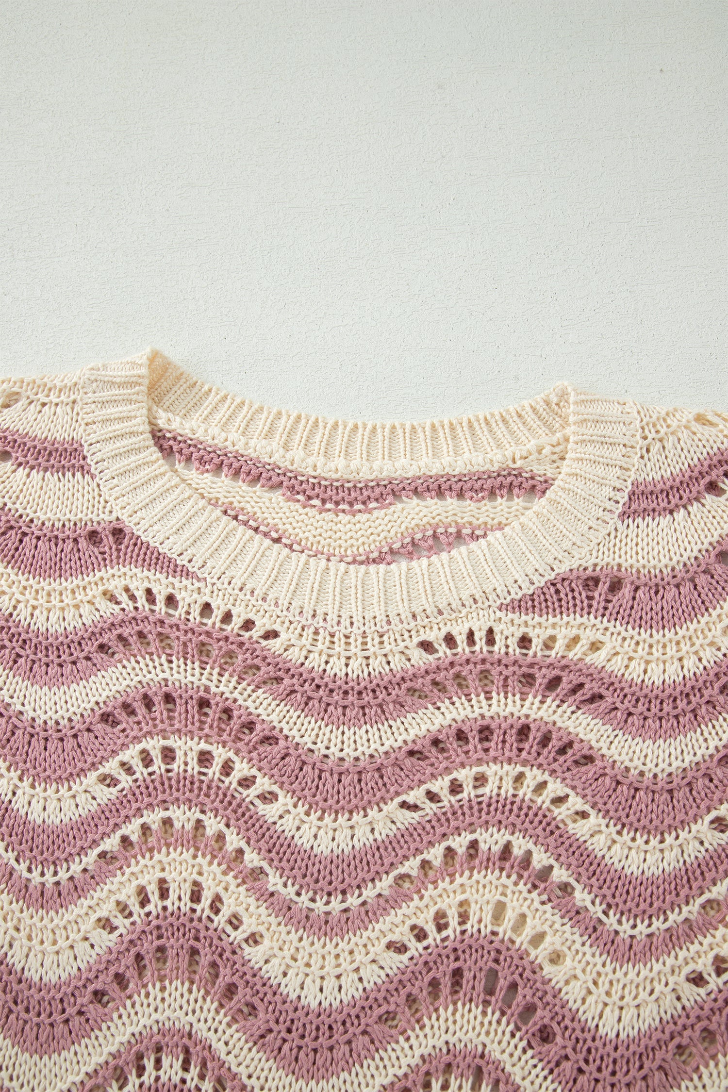 Beige Stripe Wavy Crochet Eyelet Detail Ruffle Half Sleeve Sweater