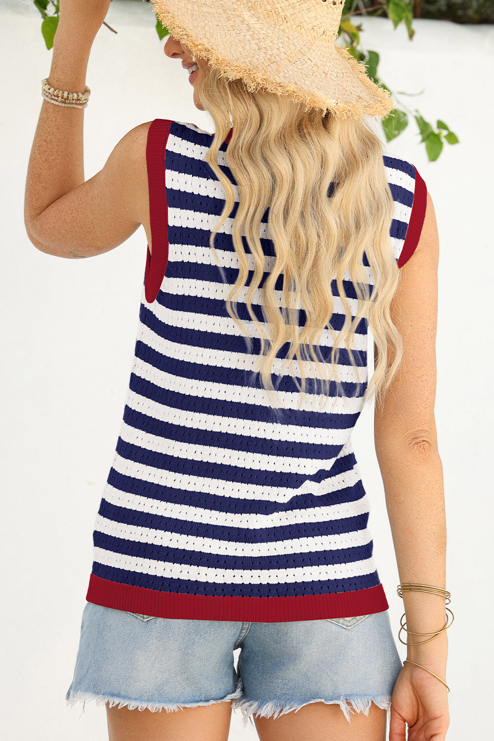 Navy Stripe Pointelle Knit Contrast Trim Sleeveless Sweater Top
