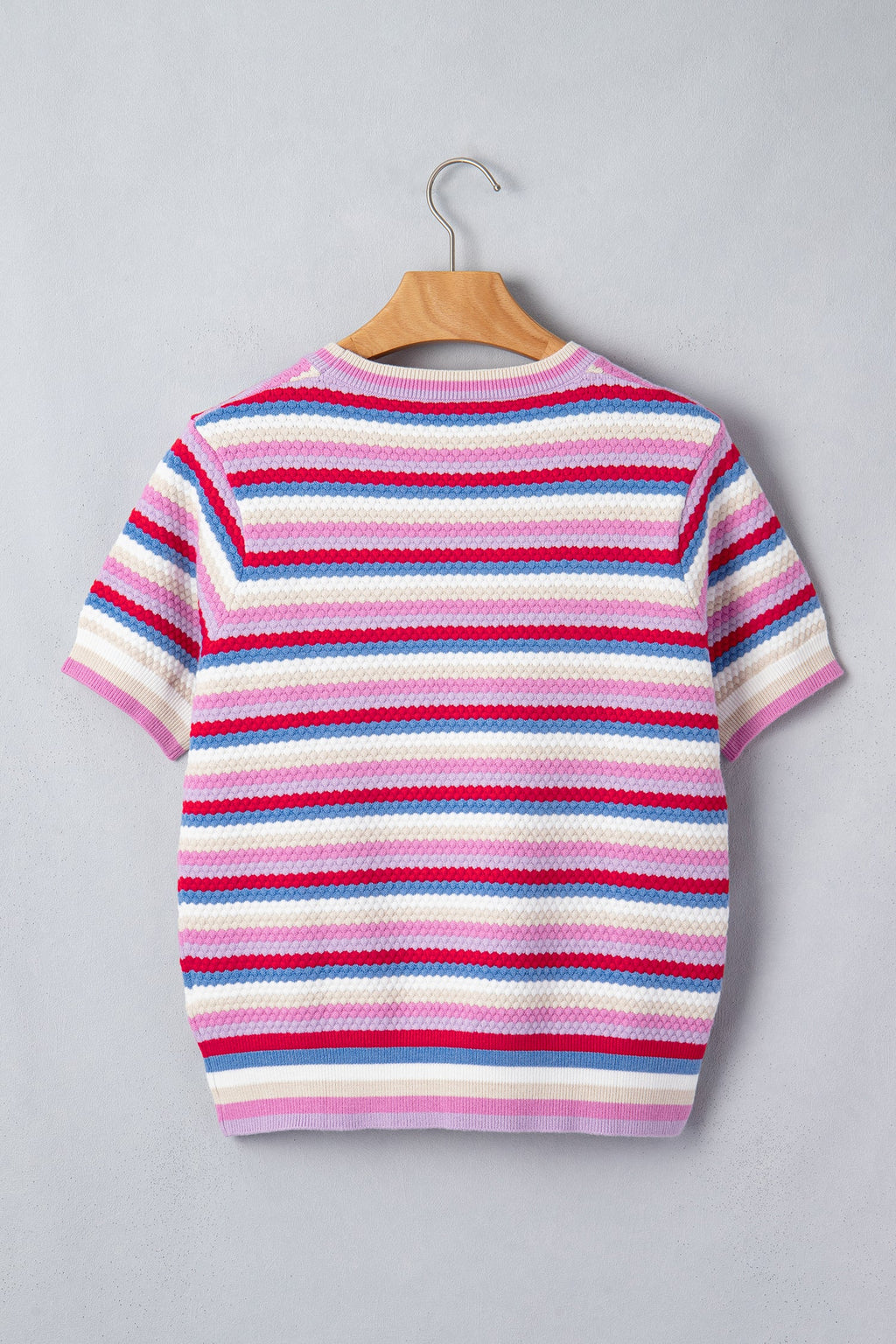 Multicolour Textured Stripes Knit Short Sleeve Sweater