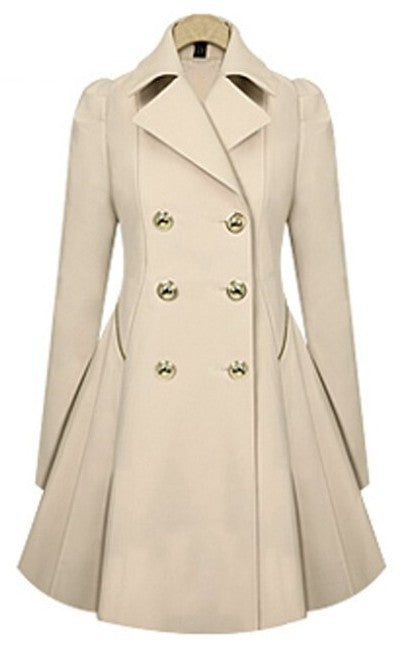 Beige trench coat with gold buttons on a white background