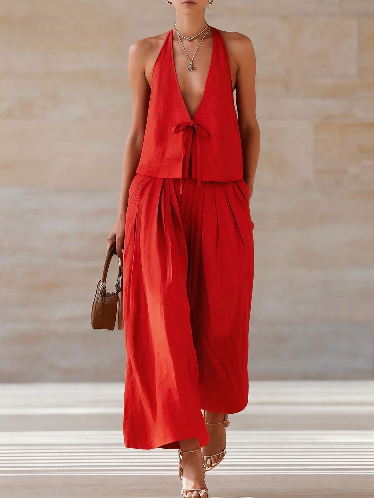 Damen-Set aus ärmelloser Weste und weit geschnittener Hose – 2-teiliges Outfit mit Schnürung