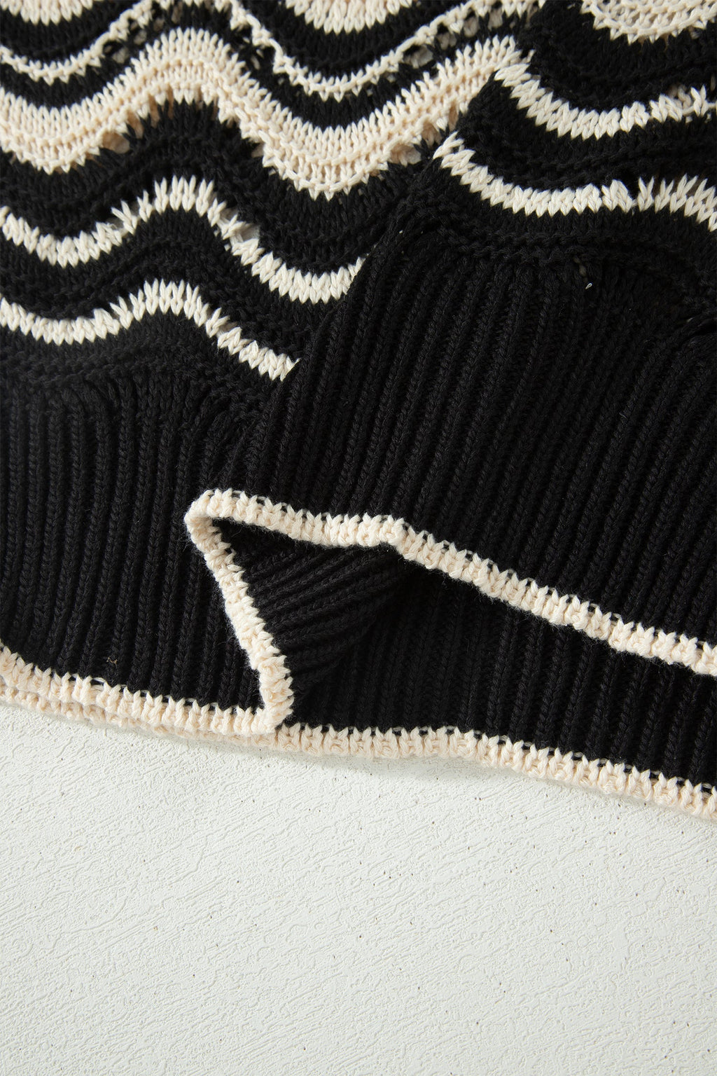 Black Stripe Wavy Crochet Eyelet Detail Ruffle Half Sleeve Sweater