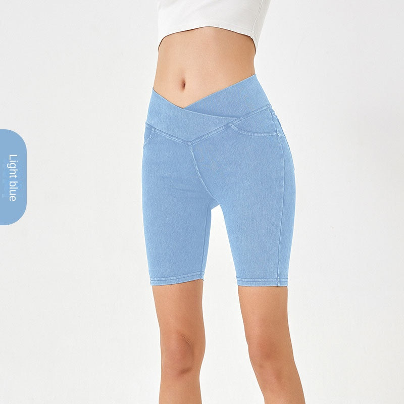 High-Waist Stretchy Denim Shorts mit Taschen – Schlankmachende lässige Fitness-Shorts
