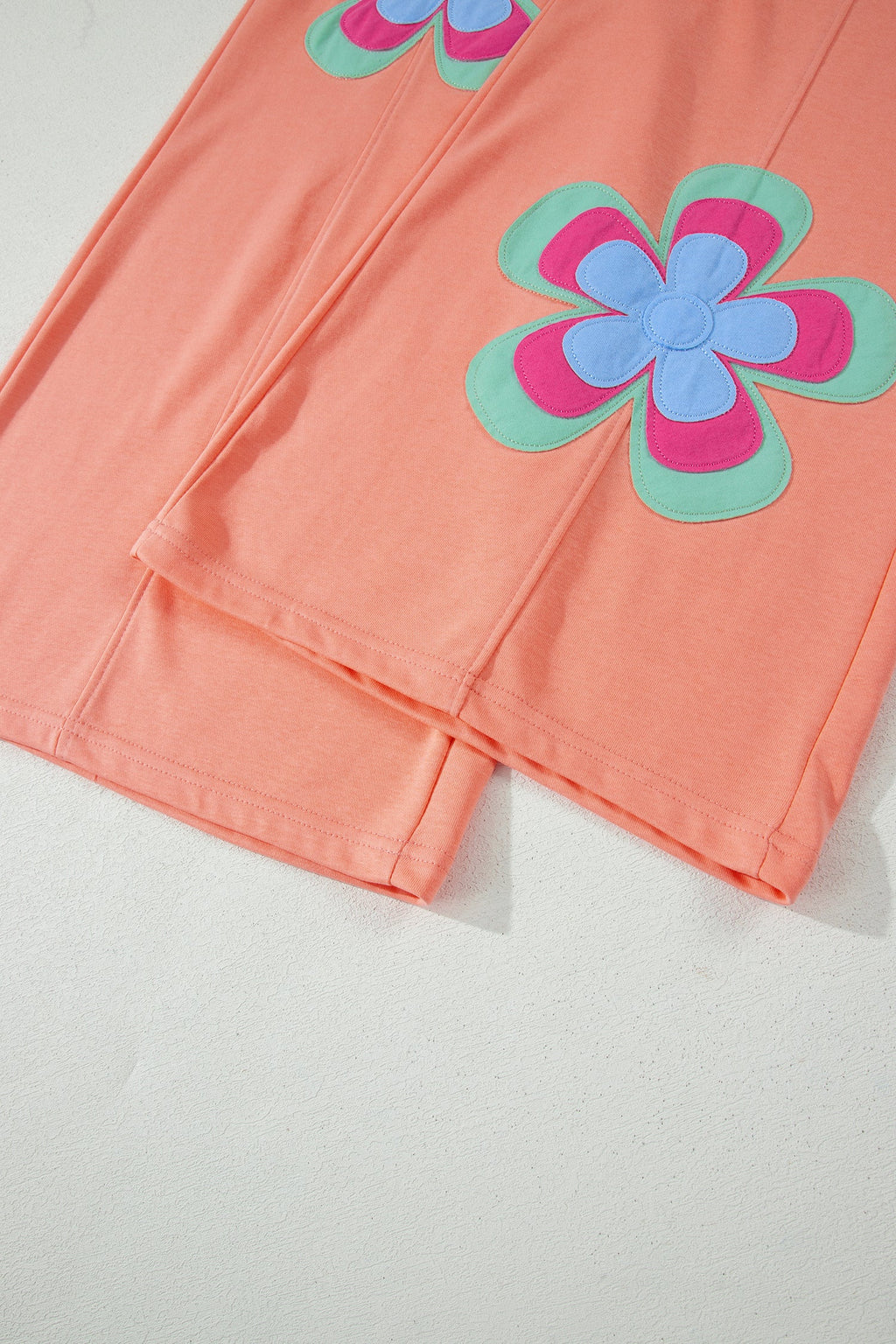 Grapefruit Orange Color Block Flower Patchwork Drawstring Contrasted Elastic Waist Wide Leg Pants