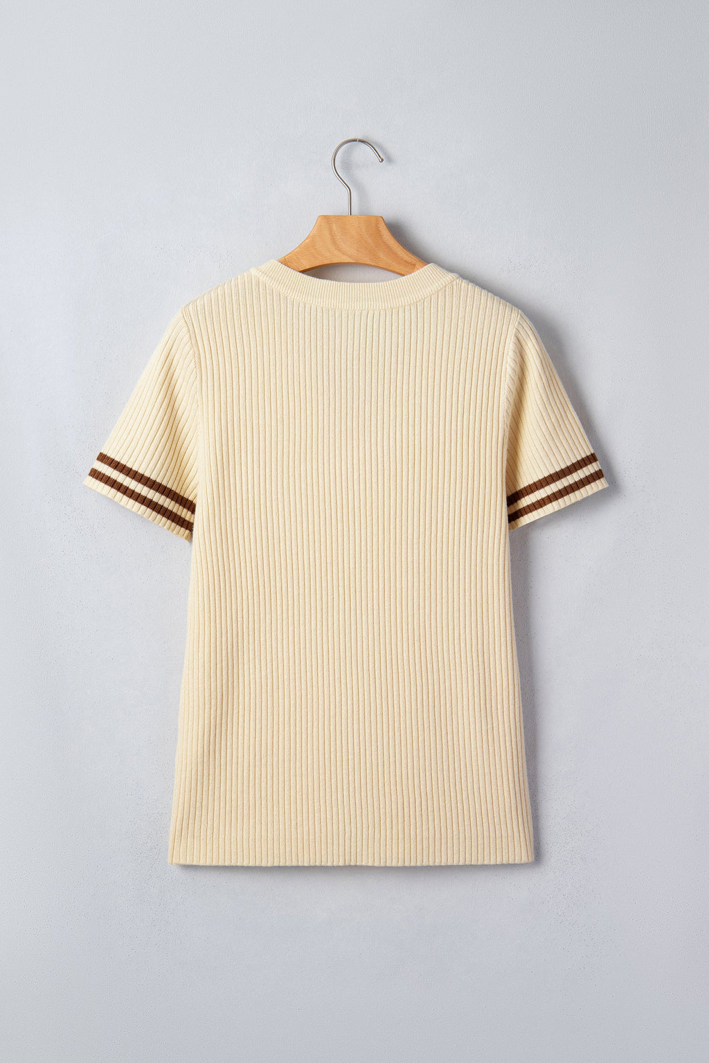 Apricot V Neck Ribbed Knit Striped Trim Short Sleeve Sweater