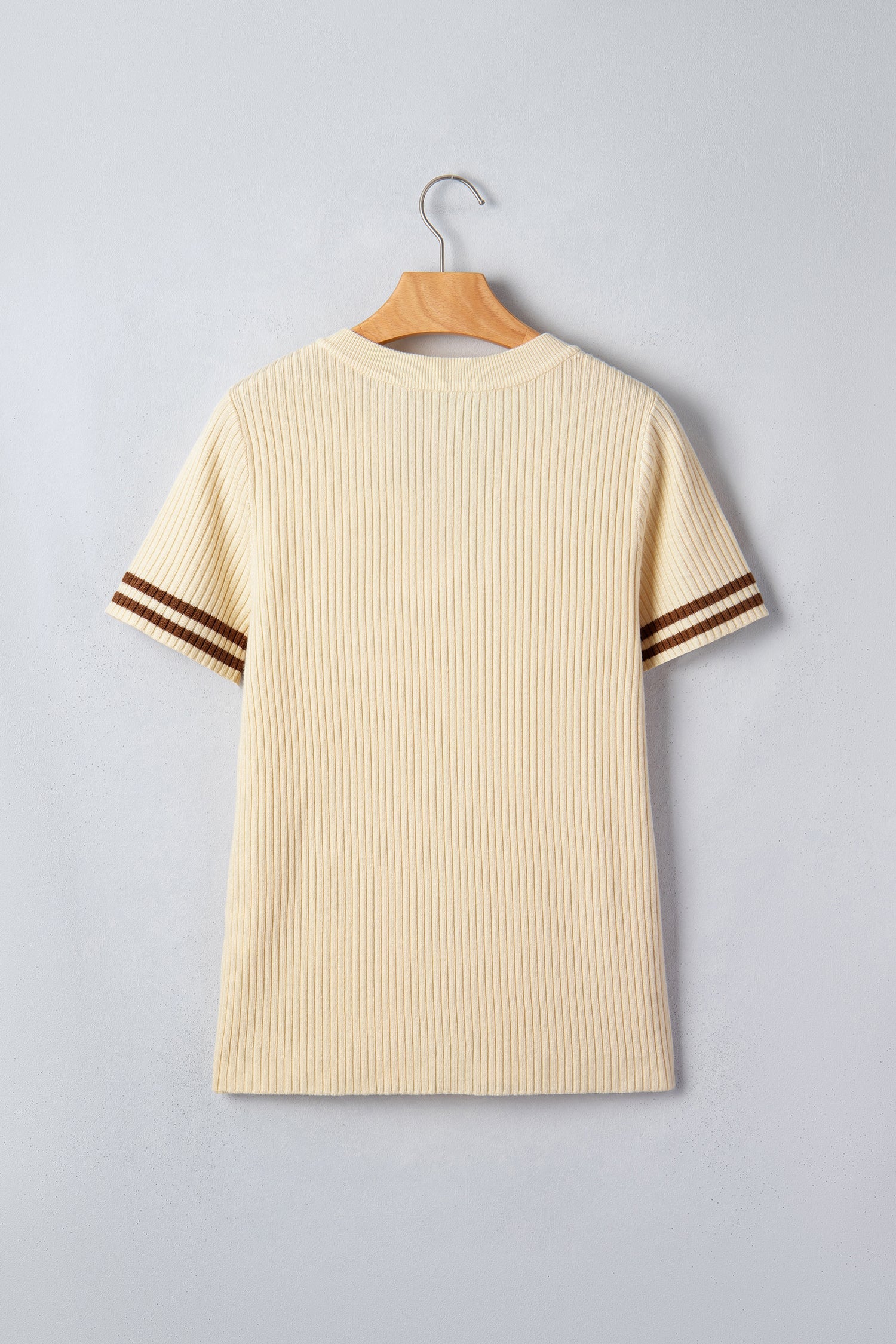 Apricot V Neck Ribbed Knit Striped Trim Short Sleeve Sweater